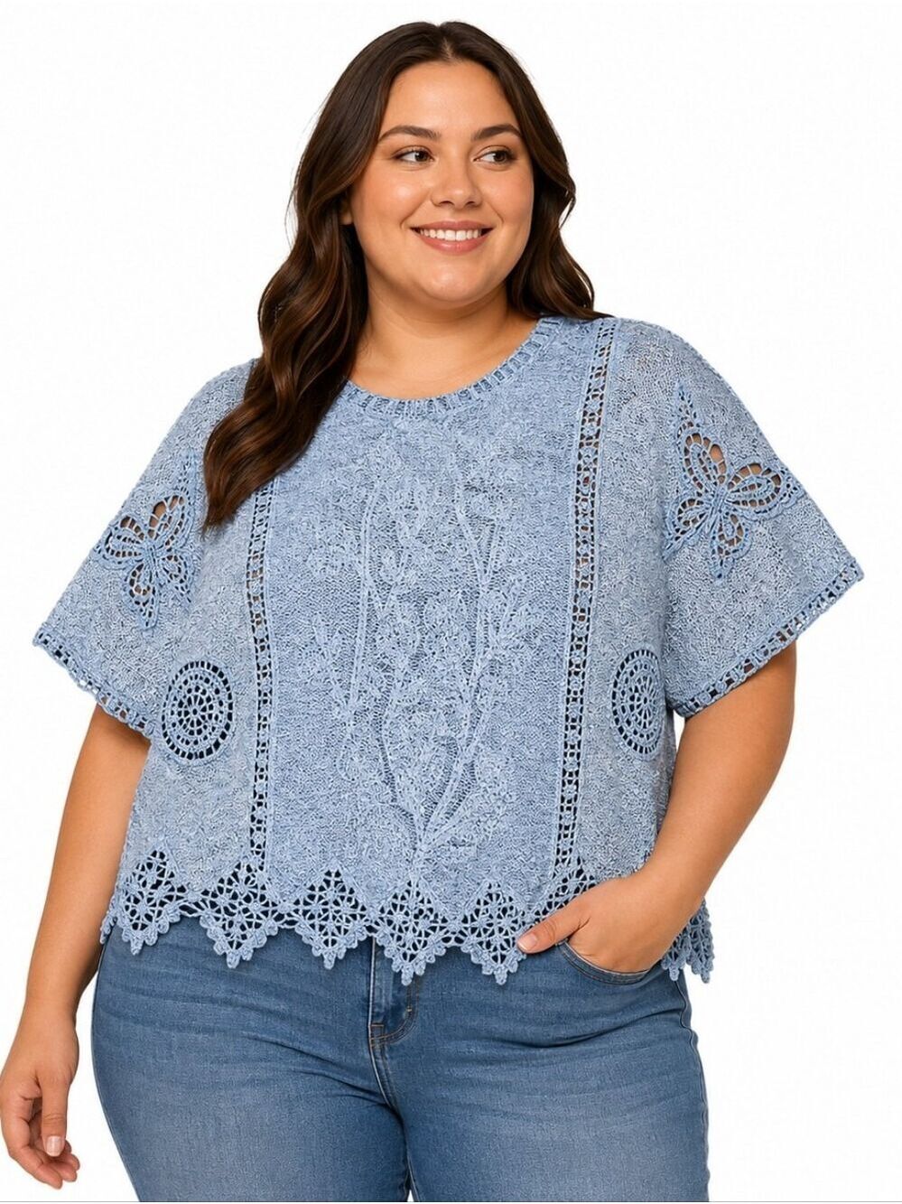 KINDRED Denim Blue Floral Lace Butterfly Sleeve Embroidered Blouse Size 2X